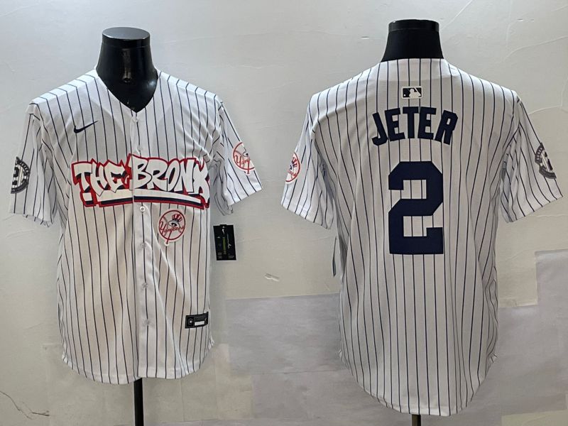 Men New York Yankees #2 Jeter White Stripe four generations Joint Name 2025 Nike MLB Jersey style 8